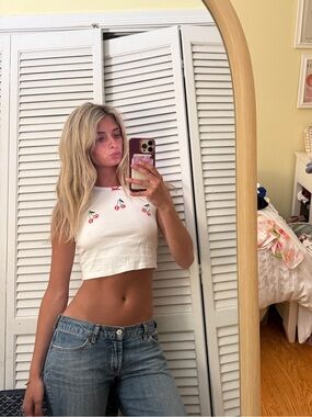 PacSun White Cropped Cherry Tank Top